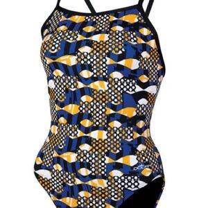 Dolphin Womens Small Swim Suit Size 28 UPF Competition Blue Yellow